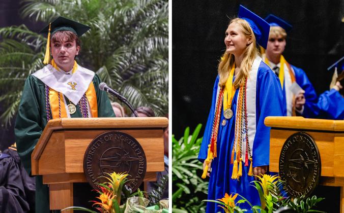 Left, Gavin Andrew Green gives the Valedictorian Address at Yulee's graduation ceremony Friday at UNF Arena. Photo by Ashley Chandler/News-Leader; Right, Ivy Bradley gives the Valedictorian Address at Fernandina Beach's graduation ceremony Saturday at UNF Arena. Photo by Penny Glackin/Special to the News-Leader