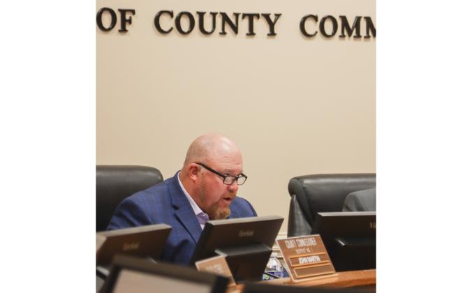 Commissioner Klynt Farmer speaks at the April 28 Board of County Commissioners meeting in the Commissioners Chambers. Photo by Ashley Chandler/News-Leader