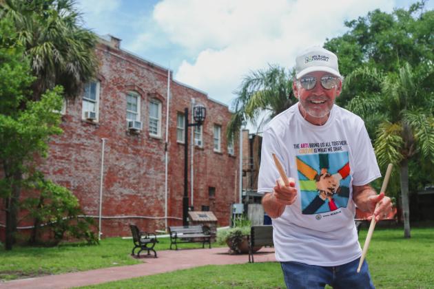 Richard Restiano on Sunday primes Pocket Park for Make Music Day. Restiano, president of Nassau Council of Arts and Culture, said several events will be held at Pocket Park on June 21 for the inaugural event. Currently scheduled are Amelia Music Studio and Les DeMerle and the Rimshots. Restiano encouraged families to bring their kids to join in the drum circle, saying he had a number of free pairs drum sticks to hand out to willing participants. Photos by Ashley Chandler/News-Leader