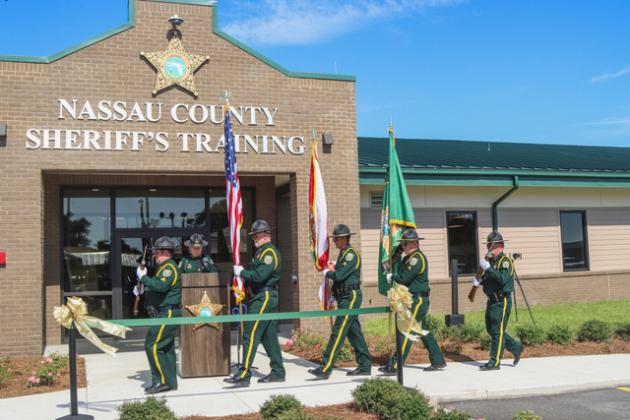 Members of the Nassau County Sheriff's Office honor guard ready for the start of a ribbon cutting ceremony for the Nassau County Public Safety Training Complex. (ASHLEY CHANDLER/News-Leader)