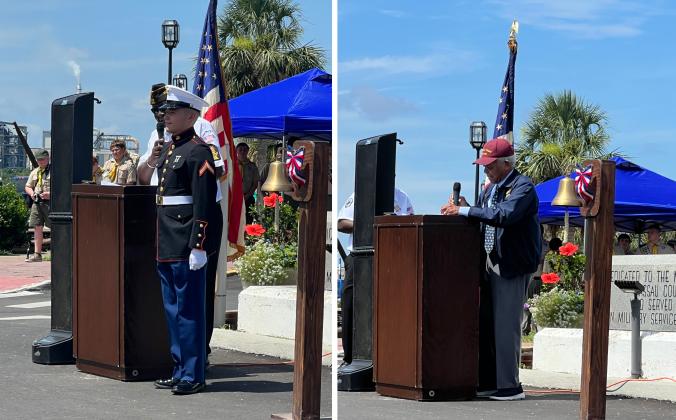 Left, Avery Therriault (Post 4351 Marine) and right, Ambassador Theodore Britton at the Memorial Day ceremony the Fernandina Beach Veterans of Foreign Wars Post 4351 hosted on Front and Center on May 26. Photos courtesy of VFW 4351