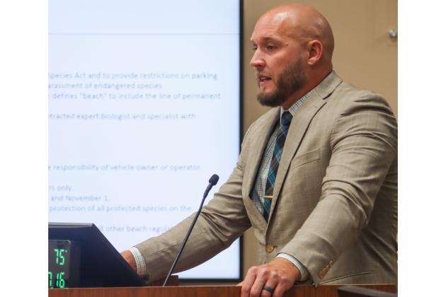 County Manager Taco Pope speaks on proposed changes to the beach activities in unincorporated areas of Nassau County on Wednesday at the Board of County Commissioners meeting. Photo by Ashley Chandler/News-Leader
