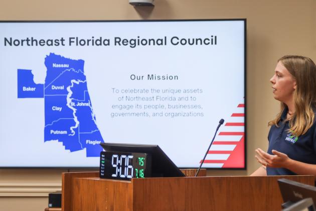 Cassidy Taylor, economic recovery coordinator for Northeast Florida Regional Council, presented the council’s shrimping industry recommendations Monday to the Nassau County Board of County Commissioners. Photo by Ashley Chandler/News-Leader