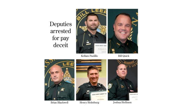 Five law enforcement officers with the Nassau County Sheriff’s Office were arrested and released without paying bail.  In total, the officers are accused of stealing $14,007.86.  Sergeants Brian Blackwell, Wilfred “Bill” Quick, Joshua Huffmon and Kellam Paolillo and deputies Henry Holmberg III and Michael Brandon all were arrested at the beginning of July after a six-week investigation that stemmed from an internal tip. A sixth employee avoided arrest with a termination offer.