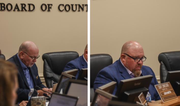 Commissioner John Martin reads a letter sent to him from a resident who has a long history with NCAS. Right, Commissioner Klynt Farmer speaks at Monday's meeting. Photo by Ashley Chandler/News-Leader
