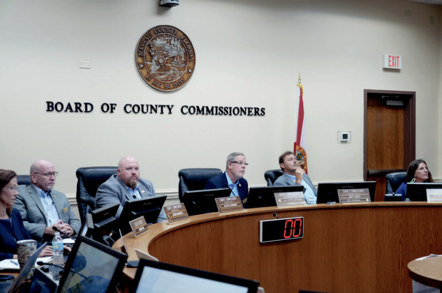 The Board of County Commissioners meets Monday. From left, County Attorney Denise May, commissioners John Martin, Klynt Farmer, A.M. “Hupp” Huppmann, Jeff Gray and Alyson McCullough. Photo courtesy of Nassau County