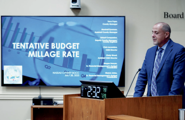 Assistant County Manager Marshall Eyerman gives a presenation Monday to the Board of County Commissioners regarding the 2025-2026 proposed budget and millage rates. Photo courtesy of Nassau County