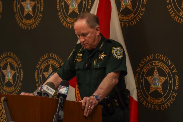 Nassau County Sheriff Bill Leeper pauses for a moment as he tells the details of the scene found at West 12th Avenue home on July 24 at a press conference held at the sheriff’s office July 25. Photo by Ashley Chandler/News-Leader