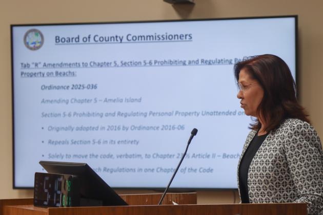 County Attorney Denise May speaks at the Aug. 11 Board of County Commissioners meeting. Photo by Ashley Chandler/News-Leader