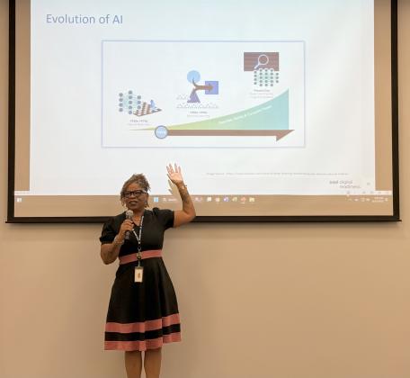 FSCJ Dean of IT Programs Shakia Riggins gives a breakdown of AI and its impacts on businesses Aug. 27 at FSCJ Nassau Center.