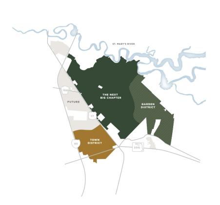 A map showing Garden District's location northeast of the Wildlight's Town District. Developer Rayonier aims to begin Garden District home sales next year.