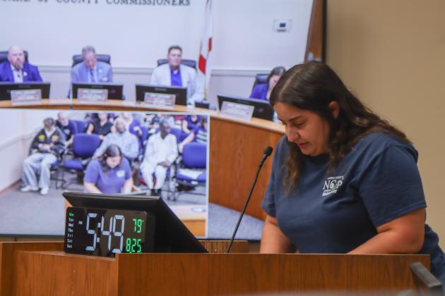 Kylie Champa, former Nassau County Animal Services volunteer was emotional during her public comments at the Monday Aug. 25 Board of County Commissioners meeting. Champa listed the “responsibilities” of the shelter volunteer and said they seldom receive thanks for their work. One of Champa’s primary concerns was over the extreme heat often seen at the shelter when temperatures are hot. Photo by Ashley Chandler/News-Leader