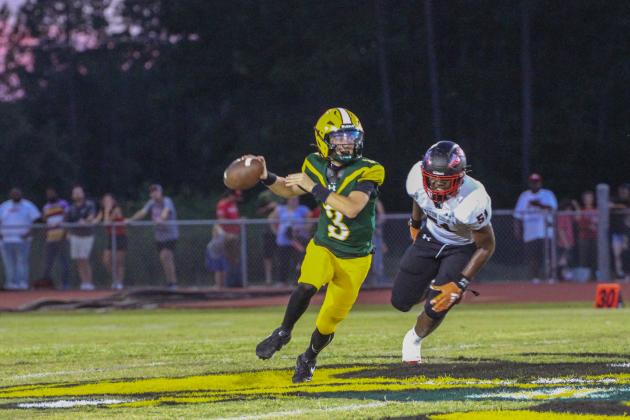 Marisa DeMar / Hornets quarterback Tre Vazquez prepares to throw.
