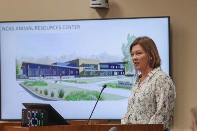 Director of Strategic Advancement and Economic Resources Brandy Carvalho presents plans for the new animal services campus at Wednesday's Board of County Commissioner meeting. A more-than $3-million dollar contract for design services was approved. Photo by Ashley Chandler/News-Leader