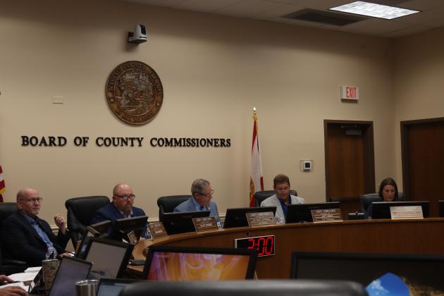The Board of County Commissioners at a previous meeting. From left, commissioners John Martin, Klynt Farmer, A.M. "Hupp" Huppman, Jeff Gray and Alyson McCullough. Photo by Ashley Chandler/News-Leader
