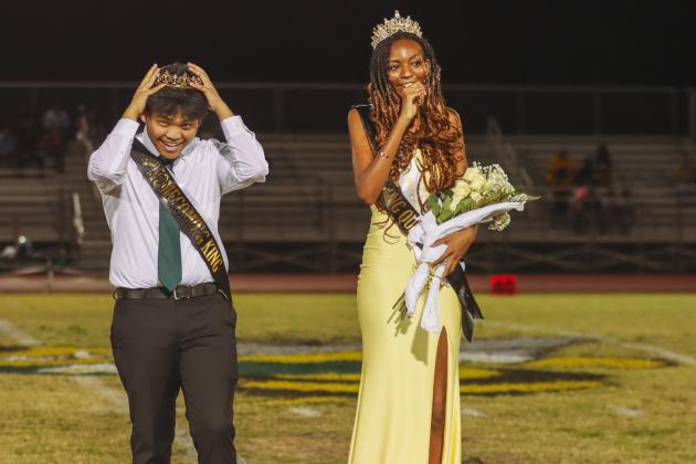 Yulee High School Homecoming King Rodel Bagnes and Queen Myka Gray after being crowned during halftime of the Hornets football game Friday. Photo by Ashley Chandler/News-Leader