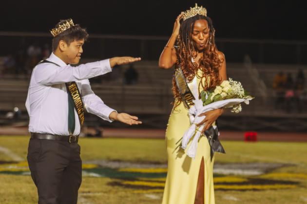 Yulee High School Homecoming King Rodel Bagnes and Queen Myka Gray after being crowned during halftime of the Hornets football game Friday. Photo by Ashley Chandler/News-Leader