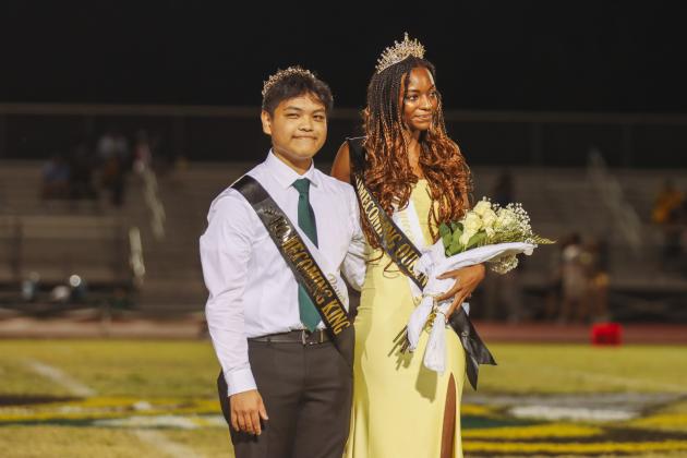 Yulee High School Homecoming King Rodel Bagnes and Queen Myka Gray after being crowned during halftime of the Hornets football game Friday. Photo by Ashley Chandler/News-Leader