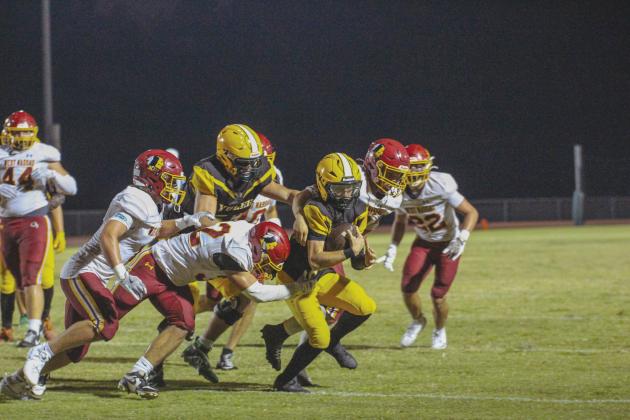 Quarterback Tre Vazquez carries the ball for Yulee in the Hornets’ win over the Warriors.