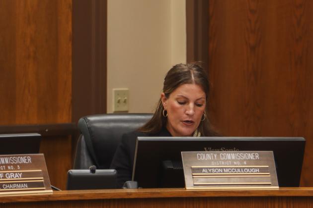 Commissioner Alyson McCullough reads a statement which requests that county staff review guidelines set by The National Animal Care &amp; Control Association. Photo by Ashley Chandler/News-Leader