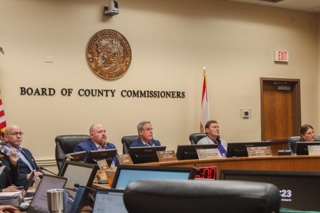 The Board of County Commissioners meets Monday in the Commission Chambers. From left, commissioners John Martin, Klynt Farmer, A.M. “Hupp” Huppmann, Jeff Gray and Alyson McCullough. Photo by Ashley Chandler/News-Leader