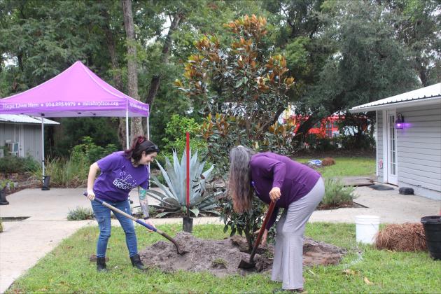 Ashley McLean and Barbra Beck from Micah’s Place fill the soil where the magnolia trees were planted to commemorate the dedication to domestic violence victims.  Marisa DeMar/News-Leader