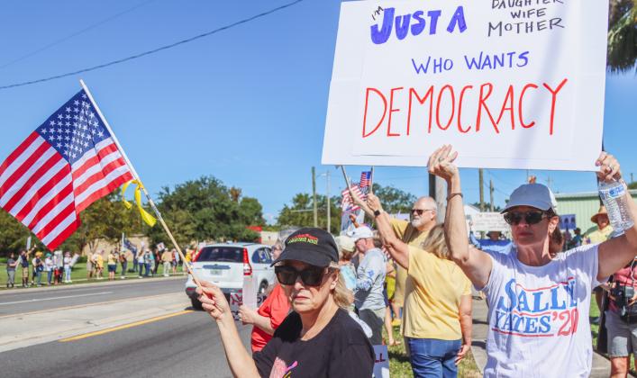 A "No Kings" demonstration was held at Eighth and Lime streets on Saturday in downtown Fernandina Beach. Photo by Ashley Chandler/News-Leader