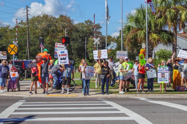 A "No Kings" demonstration was held at Eighth and Lime streets on Saturday in downtown Fernandina Beach. Photo by Ashley Chandler/News-Leader