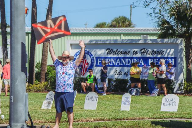 A "No Kings" demonstration was held at Eighth and Lime streets on Saturday in downtown Fernandina Beach. Photo by Ashley Chandler/News-Leader