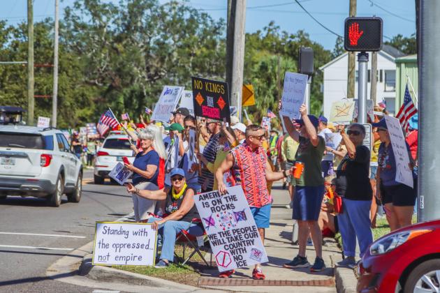 A "No Kings" demonstration was held at Eighth and Lime streets on Saturday in downtown Fernandina Beach. Photo by Ashley Chandler/News-Leader