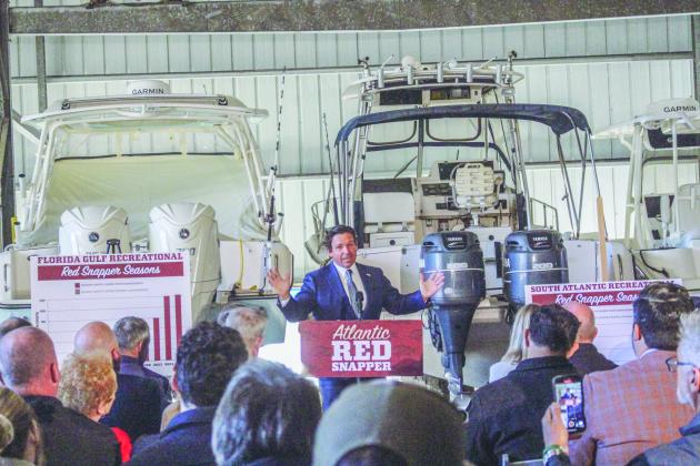 Gov. Ron DeSantis makes an announcement about newly proposed red snapper fishing laws during his conference at the Amelia Island Marina in Fernandina Beach on Monday morning.  Photos by Marisa DeMar/News-Leader