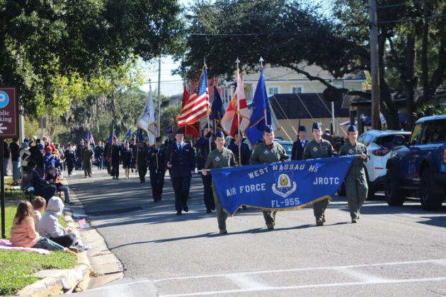 The Junior ROTC of West Nassau High School walks in the Fernandina Beach Veterans Day Parade on Tuesday. By Marisa DeMar/News-Leader
