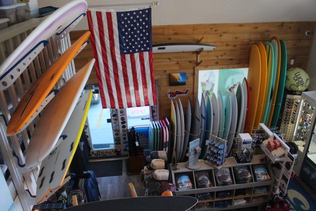 Surfboards and merchandise at Amelia Island Surf Co. 