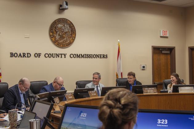 The Board of County Commissioners meet Monday. From left, Commissioners John Martin, Klynt Farmer, A.M. “Hupp” Huppmann, Jeff Gray and Alyson McCullough. Photo by Ashley Chandler/News-Leader
