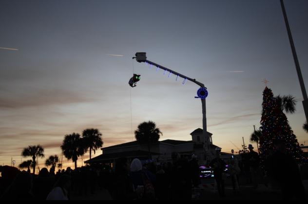 FPU and Light-Up Amelia debut the new shrimp in front of the Fernandina Harbor Marina during the annual Shrimp Drop on Dec. 31. By Marisa DeMar/News-Leader