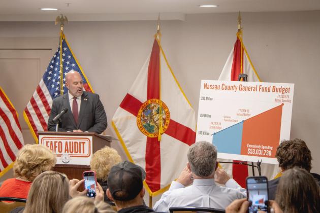 Florida’s Chief Financial Officer Blaise Ingoglia said Nassau County spent more than $53,000,000 more than it should have in the 2024-25 Fiscal Year at a press conference Wednesday in Fernandina. Photo by Ashley Chandler/News-Leader