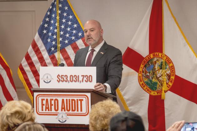 Florida’s Chief Financial Officer Blaise Ingoglia said Nassau County spent more than $53,000,000 more than it should have in the 2024-25 Fiscal Year at a press conference Wednesday in Fernandina. Photo by Ashley Chandler/News-Leader