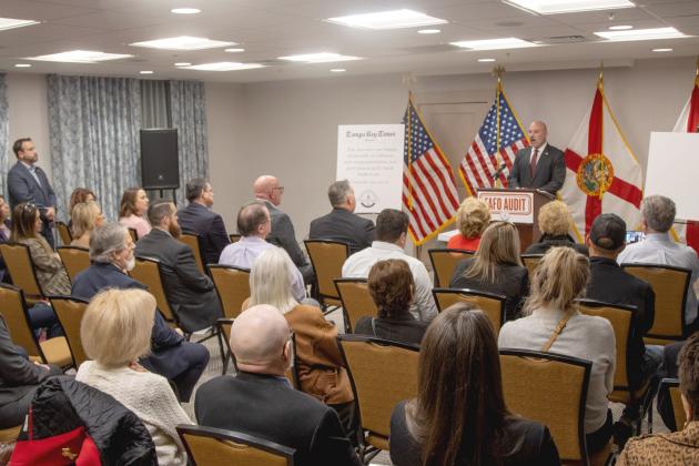 Florida’s Chief Financial Officer Blaise Ingoglia said Nassau County spent more than $53,000,000 more than it should have in the 2024-25 Fiscal Year at a press conference Wednesday in Fernandina. Photo by Ashley Chandler/News-Leader