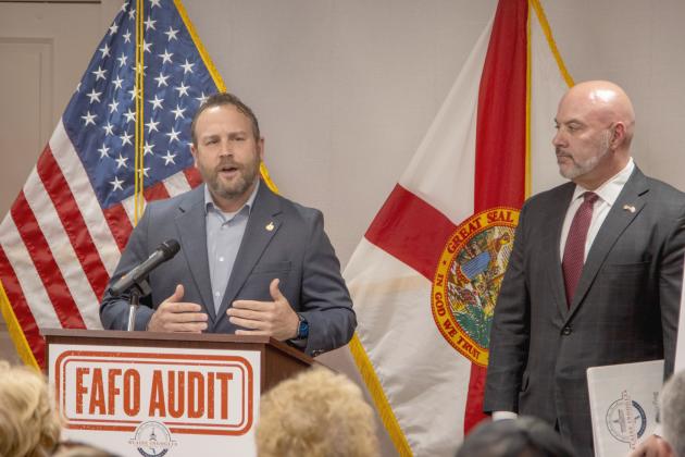 Justin Taylor, director of sales and marketing at Residence Inn by Marriott, and Ocean Highway and Port Authority district 3 commissioner, introduces Florida Chief Financial Officer Blaise Ingoglia on Wednesday held at the Residence Inn by Marriott Amelia Island. Photo by Ashley Chandler/News-Leader