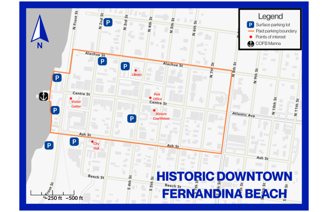 The map displaying the paid parking zone in Fernandina Beach starting Feb. 16.