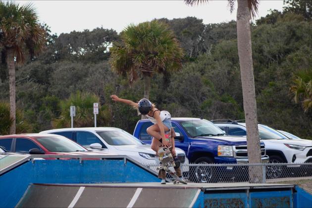 Coco catches air while practicing at the Poe Pinson Skate Park in Fernandina Beach on Jan. 10.  By Marisa DeMar/News-Leader