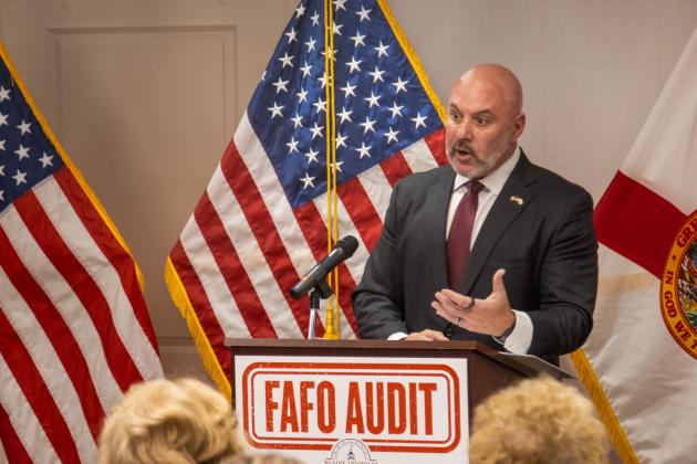 Florida’s Chief Financial Officer Blaise Ingoglia said Nassau County spent more than $53,000,000 more than it should have in the 2024-25 Fiscal Year at a press conference Wednesday in Fernandina. Photo by Ashley Chandler/News-Leader