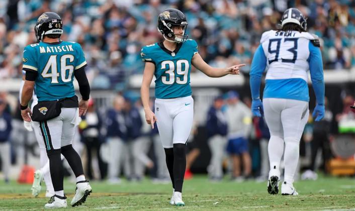 Jacksonville kicker Cam Little (39) celebrates Sunday. Little made a 67-yard kick, the longest outdoor field goal in history and the second longest field goal ever. Photo courtesy of Jacksonville Jaguars
