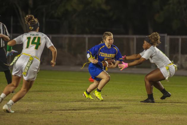 The Fernandina Beach and Yulee high school flag football teams faced off Wednesday in Fernandina Beach. Photo by Ashley Chandler/News-Leader