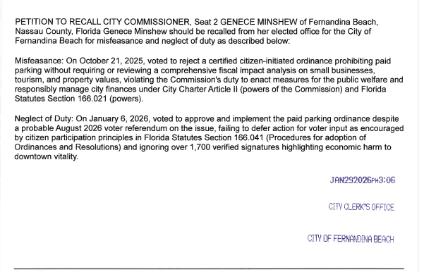 The official recall petition filed by Recall FB 2026 with the City Clerk to remove Commissioner Genece Minshew from office.