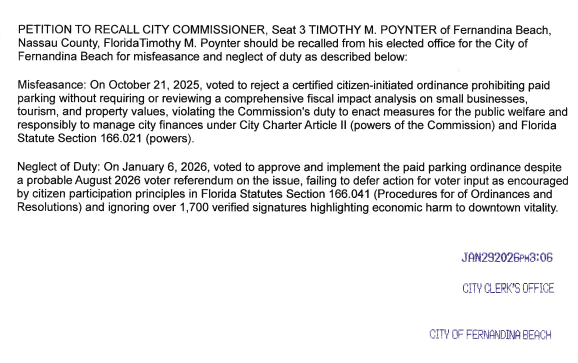 The official recall petition filed by Recall FB 2026 with the City Clerk to remove Commissioner Tim Poynter from office.