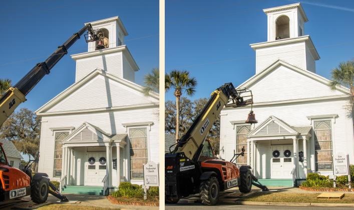 Workers from White’s Clock &amp; Carillon remove the bell from the belfry at First Presbyterian Church on 6th Street in downtown Fernandian Beach. The bell was first hung in 1859. Photo by Ashley Chandler/News-Leader