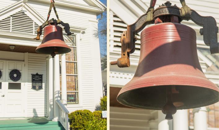 Workers from White’s Clock &amp; Carillon removed the bell from the belfry at First Presbyterian Church on 6th Street in downtown Fernandian Beach. The bell was first hung in 1859. Photo by Ashley Chandler/News-Leader