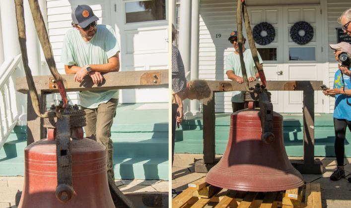 Nate Whitaker, chair of the church’s property committee (middle, left), talks with church members about the bell originally hung at the First Presbyterian Church in 1859. Photo by Ashley Chandler/News-Leader