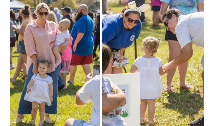 Left, Fernandina Beach residents Travis and Jane Maples came to the event with their two young daughters, both in the 0-3 age group. Right, Travis Maples and his daughter get a goodie bag from Lucinda Williams, recreation program supervisor for the Fernandina Beach Parks and Recreation Department. Photos by Ashley Chandler/News-Leader